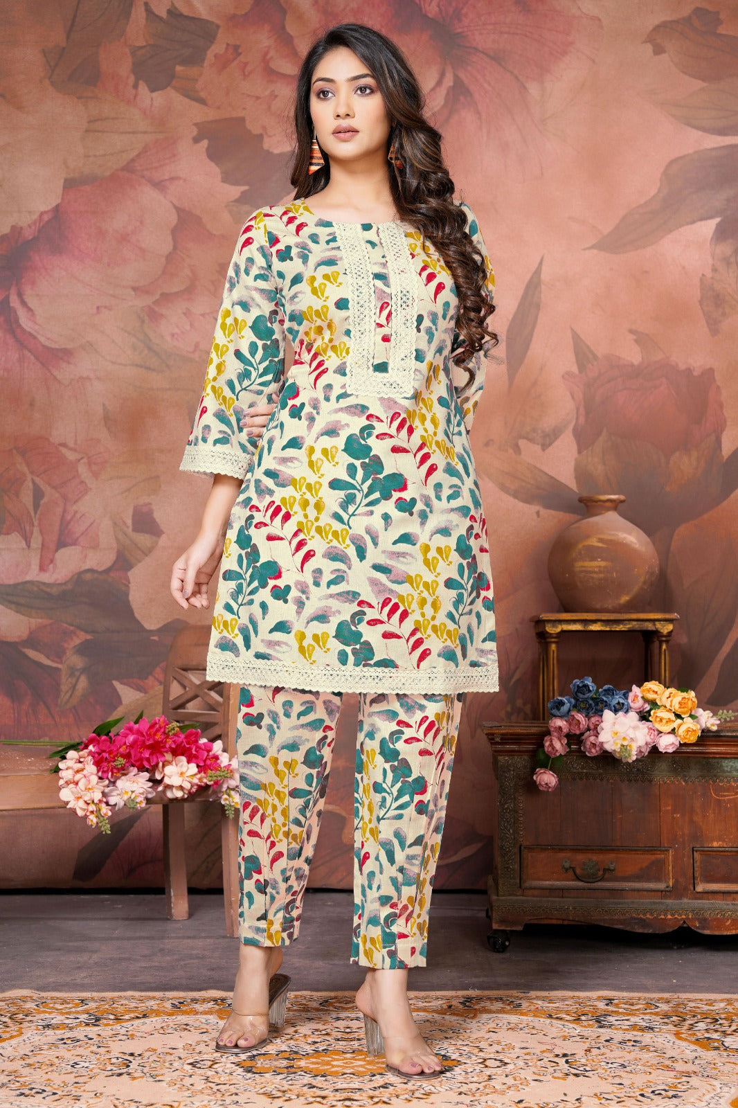 Teal Multicolor Cotton Printed Kurta-pant Set (2 Pieces)