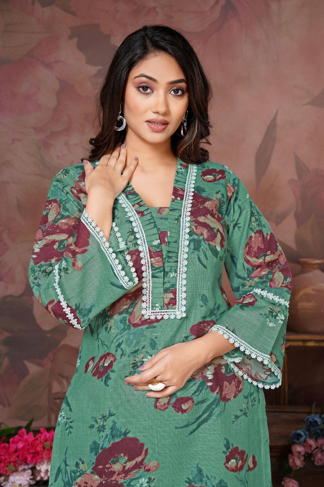 Cotton Floral Printed Kurta-Pant Set (2 Pieces) - Mint Green & Brown