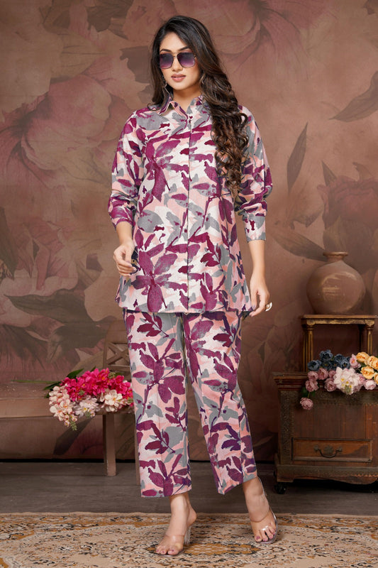 Women shirt collared co-ord set - Purple & Baby Pink