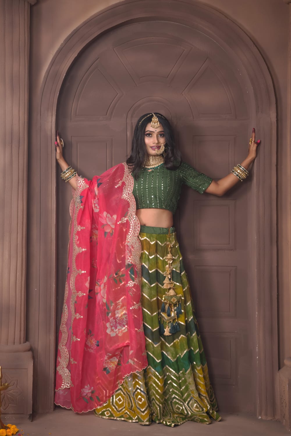 Green Choli and Pink Dupatta