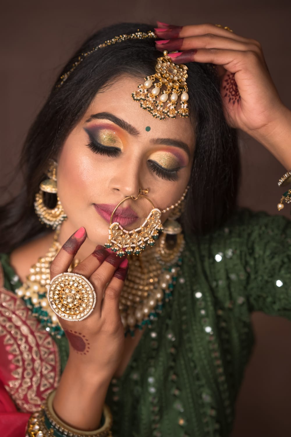 Green Choli and Pink Dupatta