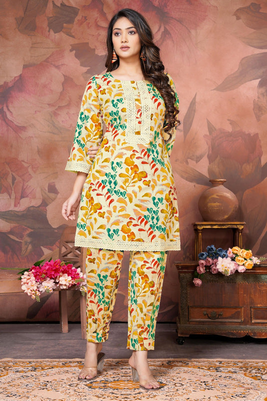 Yellow Multicolor Cotton Printed Kurta-pant Set (2 Pieces)