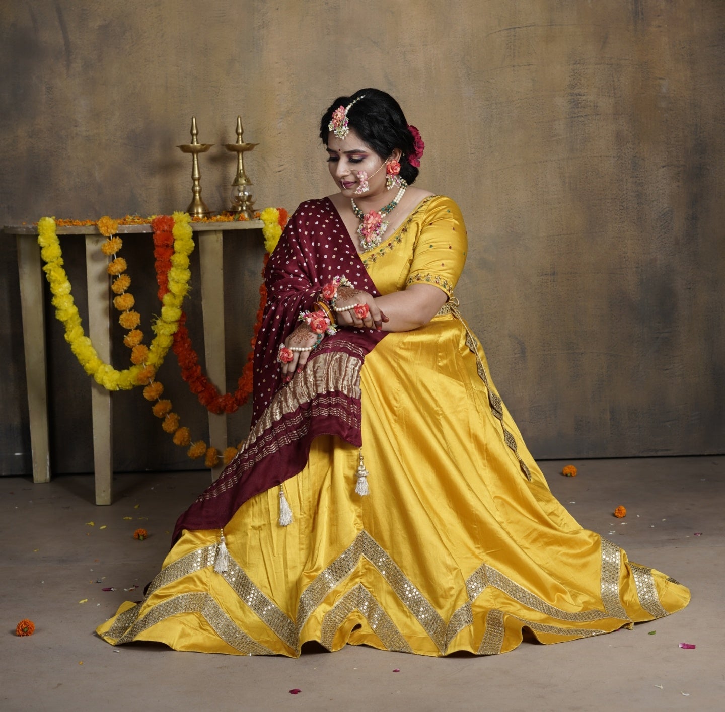 Yellow Lehnga Choli with Silk Bandhani Maroon Duppatta