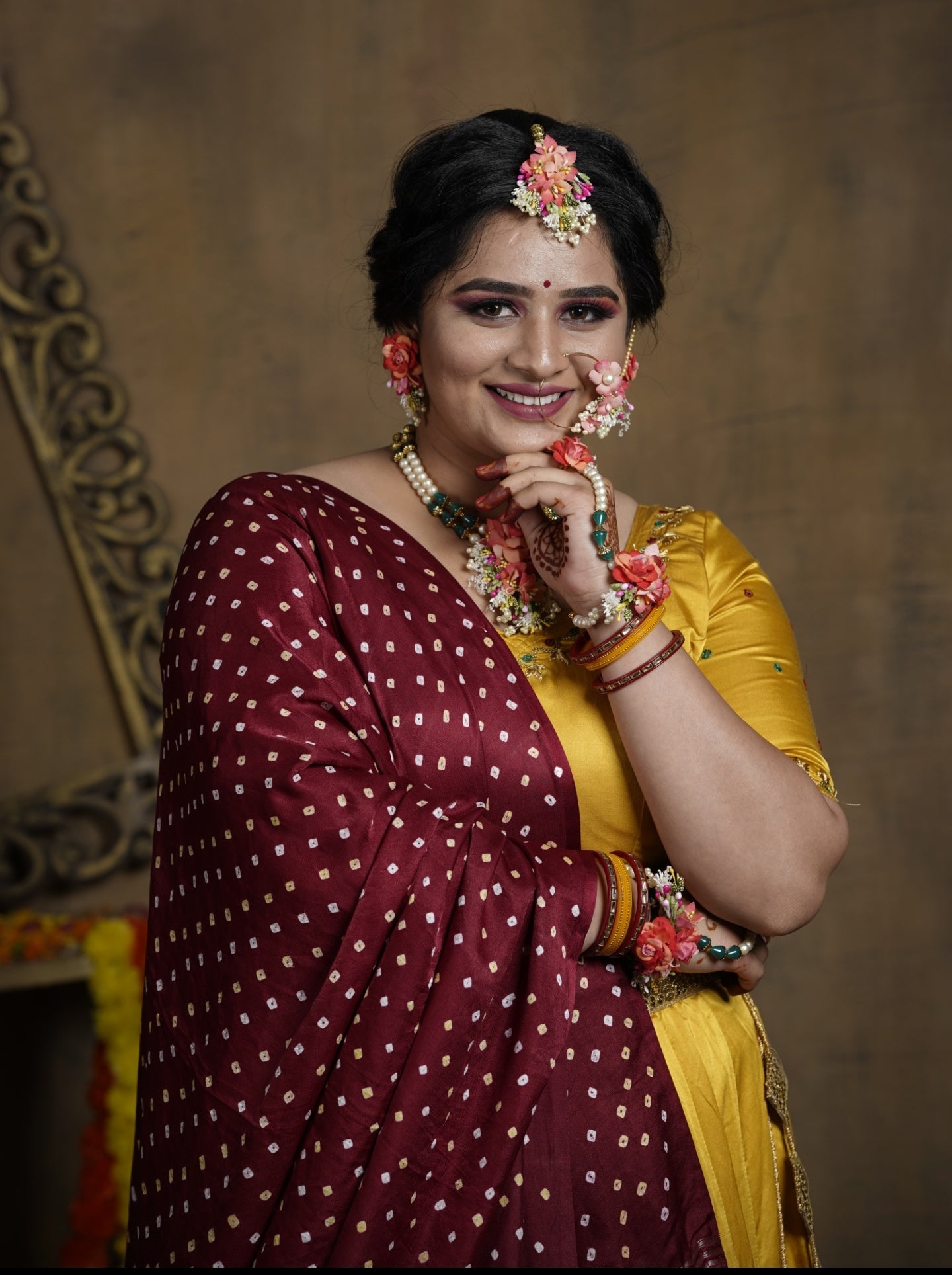 Yellow Lehnga Choli with Silk Bandhani Maroon Duppatta