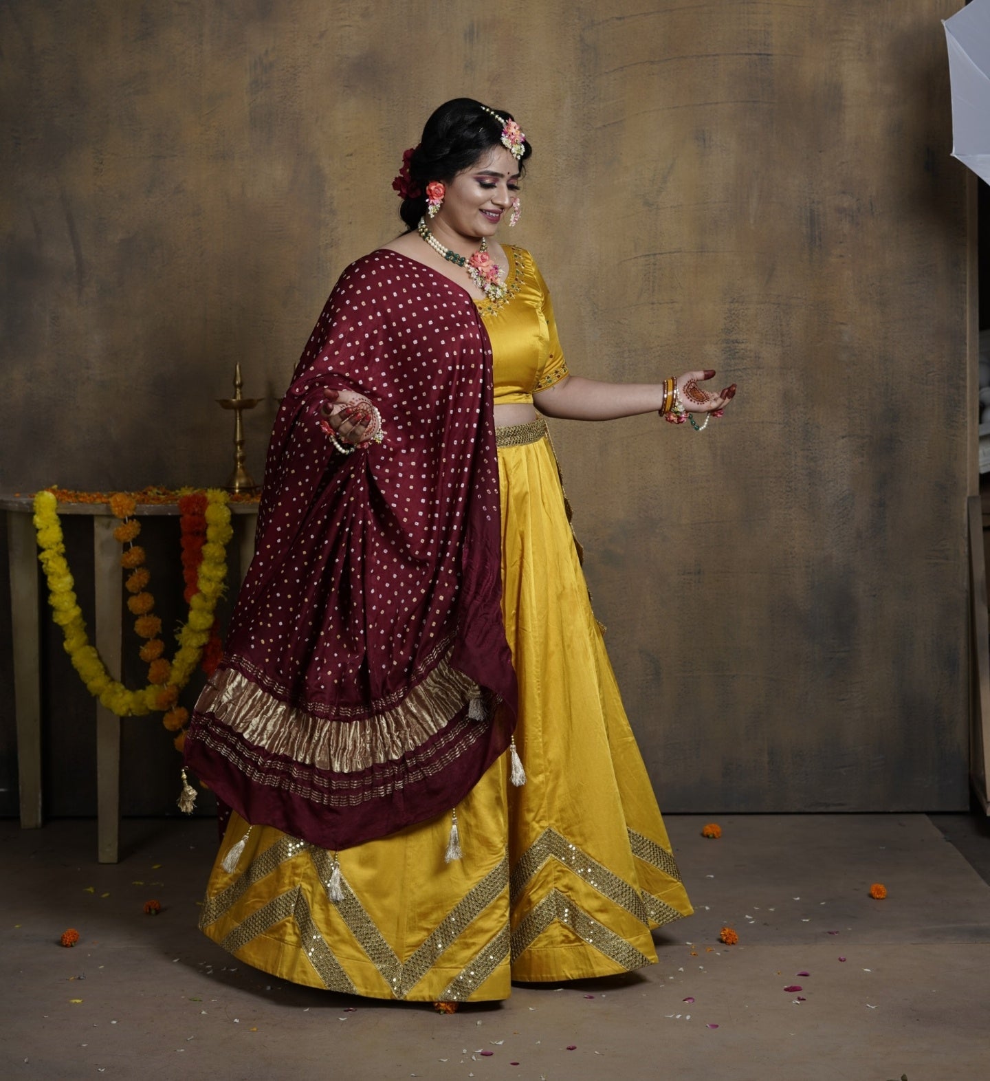 Yellow Lehnga Choli with Silk Bandhani Maroon Duppatta